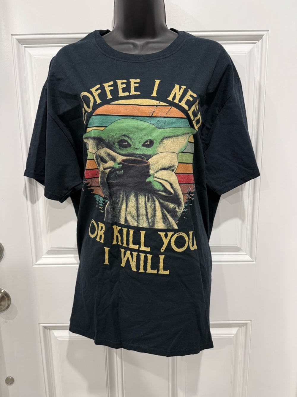 Black Graphic Tee with Green Baby Yoda and Retro Stripes